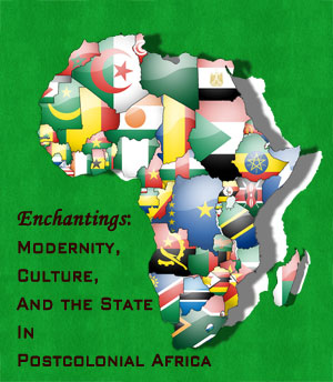 Poster for "Enchantings..." Symposium depicting an image of the African continent covered with country flags in the shape of each country