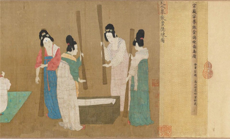Image of Chinese scroll painting depicting 4 women pounding something white (clothing? Paper? Food?) with large wooden dowels