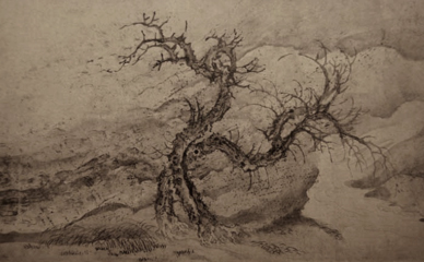 Image of a Chinese Lierati painting of a tree in a wind-swept landscape