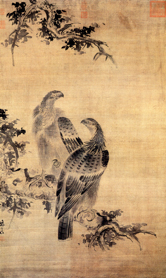 Image of a Ming-period Chinese ink drawing of two birds perched on a limb