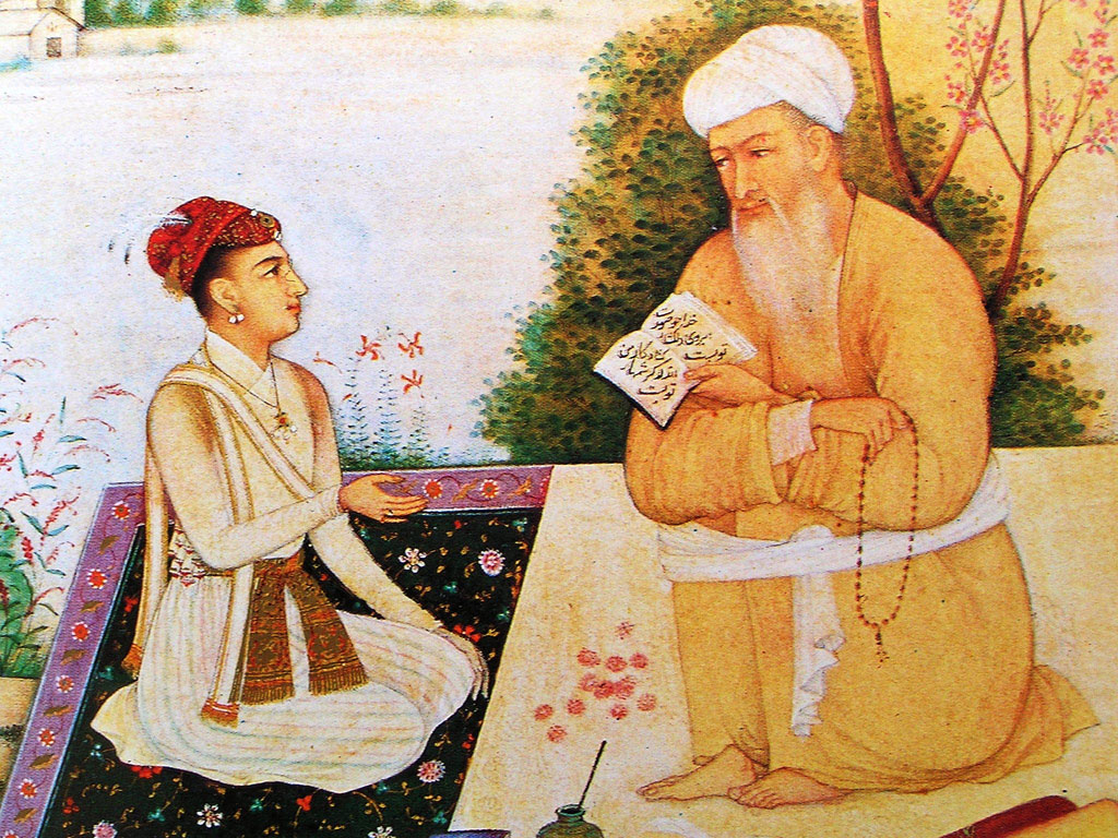 Image from an Indian Painting with two men seated; one man reading to the other from a book with Persian or Arabic writing