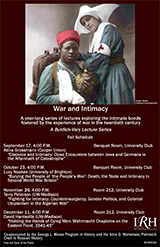 Image of poster for Fall "War and Intimacy" events with speaker names, talk titles, and a colored black & white image of a nurse and patient