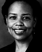 Black and white image of Saidiya Hartman, closely cropped