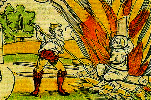 Image of a painting in warm tones of a woman being burned alive on a large pile of wood and a man poking the woman with a pitchfork