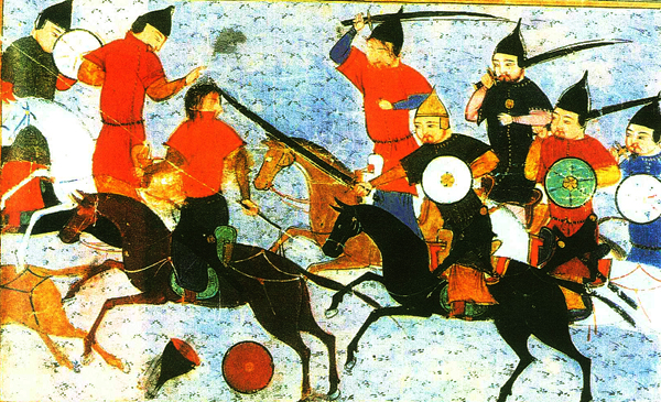 Painted image of Chingiz Khan riding into battle from Rashid-al-Din (men on horses with swords and shields attacking standing men)