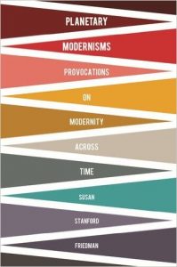 Image of cover of book "Planetary Modernisms..." with diagonal white lines separating triangular blocks of color