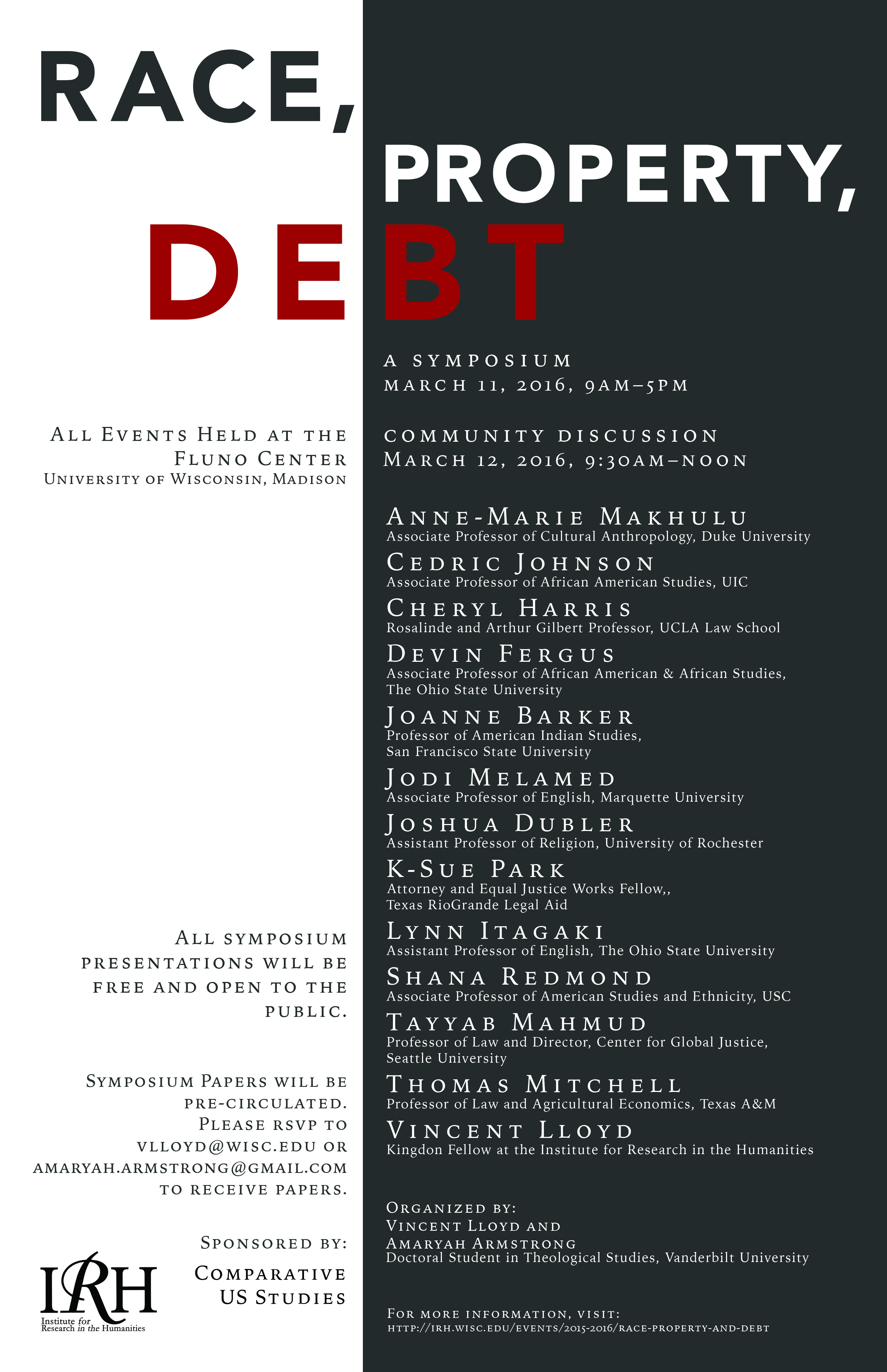 Poster for Event Race, Property, Debt with all speaker names and associations
