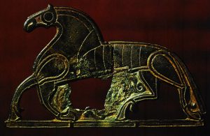 Image of a 7th or 8th century mount (metal sculpture shaped like a horse) from Veggersley, National Museum, Denmark