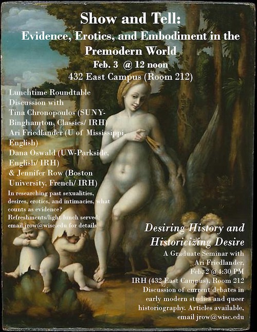 Image of Poster for event "Show and Tell..." with an Early Modern painting of a naked woman and a bird and children being hatched from eggs