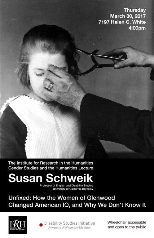 Poster for Susan Schweik Lecture with a black and white image of a young girl having her head measured with calipers