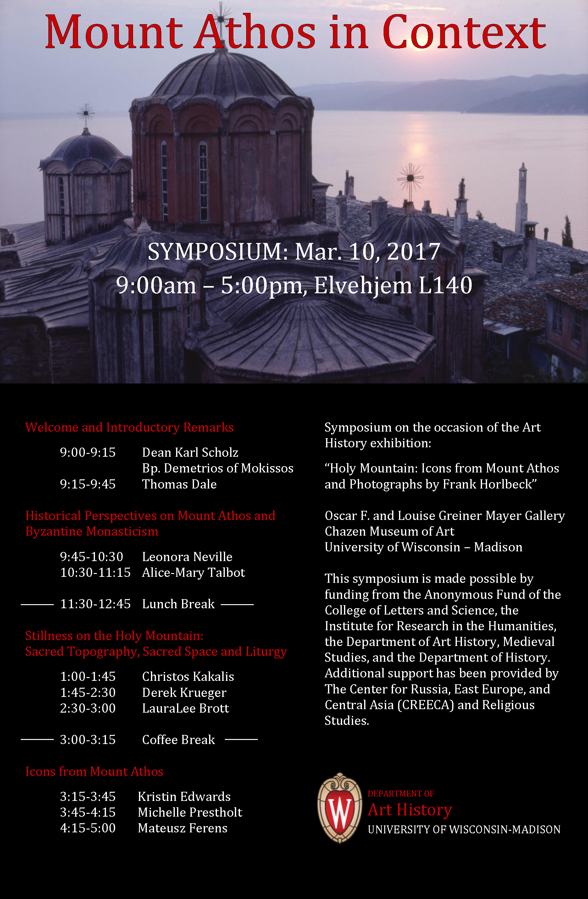 Image of a poster for the event "Mount Athos in Context" showing speaker names and an image of a cathedral