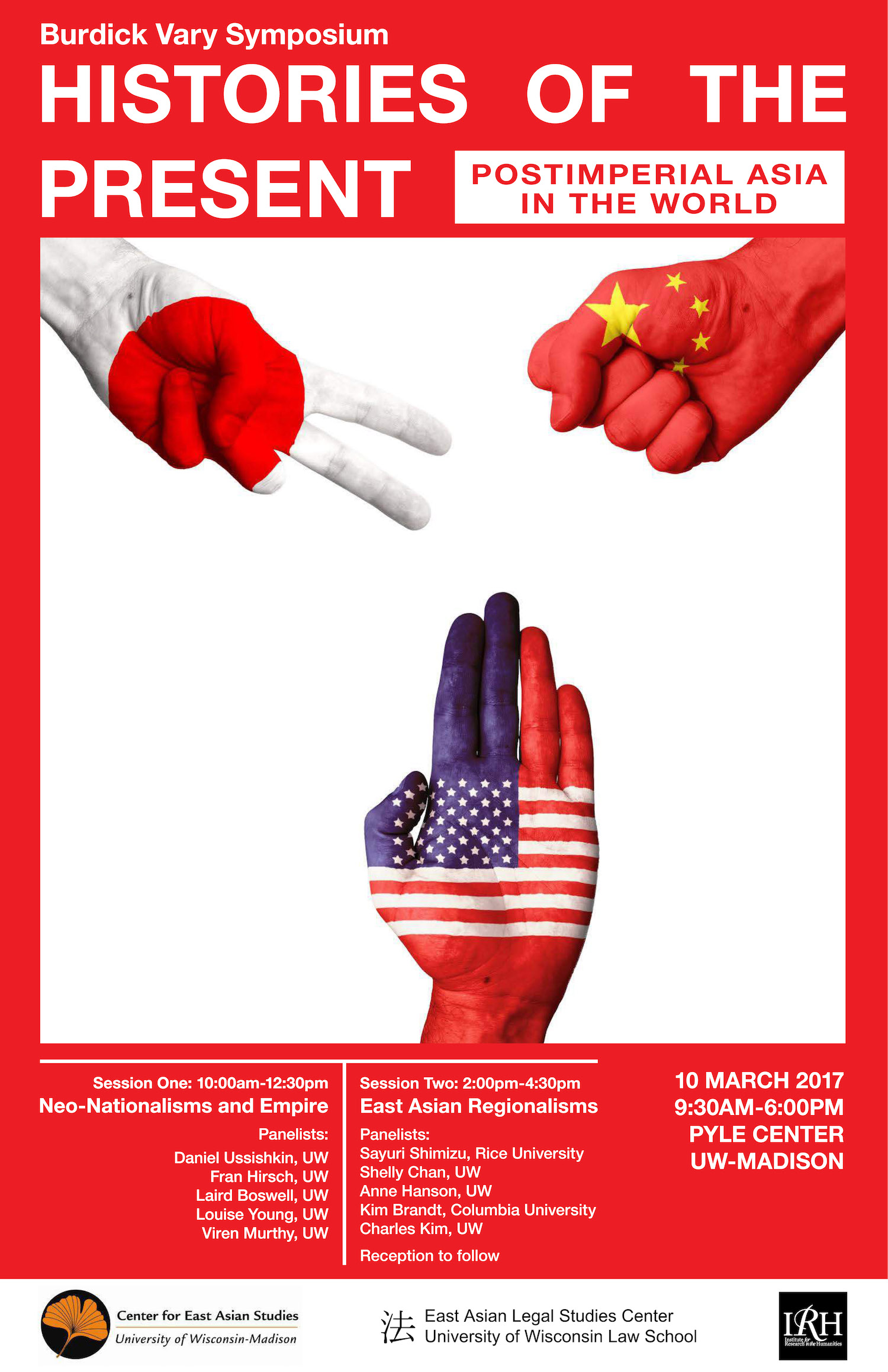 Image of Poster for "Histories of the Present..." event depicting three hands making 'rock-paper-scissors' motions with U.S., Japanese, and Chinese flags superimposed on the hands