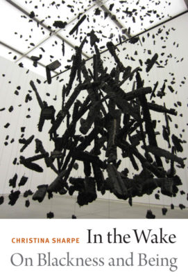 Cover of Book "In the Wake: On Blackness and Being" depicting an art work by Cornelia Parker titled "Hanging Fire (Suspected Arson)": an installation of hanging piece of charcoal