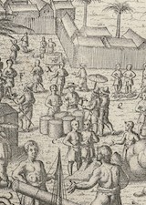 Image of cropped section of an etching of a 16th century bazaar in Banten Indonesia. Various people in many kinds of costumes speak or walk around goods