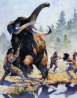 Painted image of a Mastodon hunt: "A Mastodon Hunt" by Greg Harlin, 1998 (w/c on paper)
