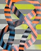 Image of Marianne Fairbank's design work: bold-colored stripes in various directions (vertical and undulating in a curved form)
