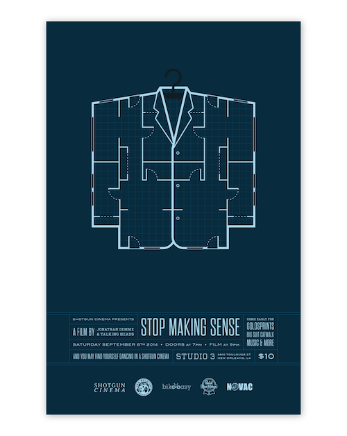 Image of Event Poster for "Stop Making Sense" screening by designer Rusty Cook showing a large suit outline as a building blue print.