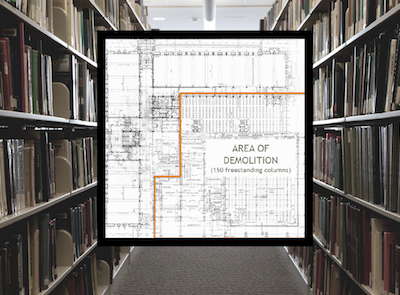 Image of area of planned destruction of Memorial Library superimposed on photograph of the stacks of Memorial Library