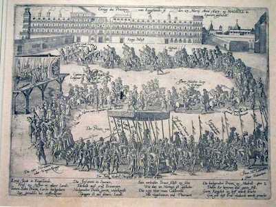 Historic print depicting Arrival of the Prince of Wales at the Palace of Madrid on 23 March 1623