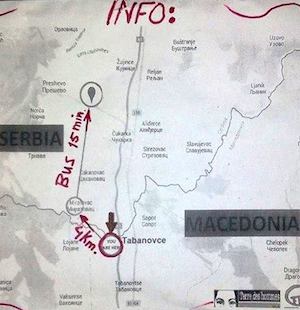 Image of Black and White map of border between Serbia and Macedonia with handwritten notes in red ink