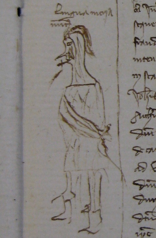 Drawing from the margins of a notarial register depicting an individual with hands tied behind the back with his tongue having been cut out