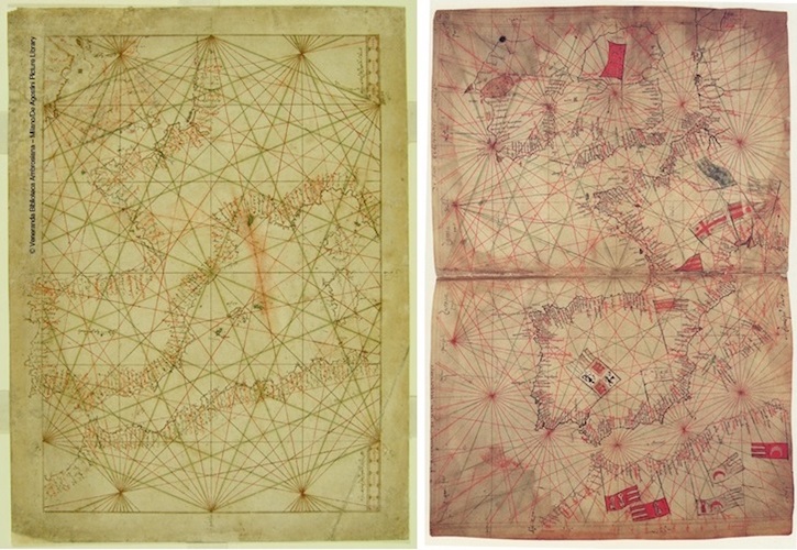 Two fourteenth-century nautical charts of the Iberian Peninsula. On the left is the so-called Maghreb chart, an anonymous chart written in Maghrebi Arabic script. On the right are two sheets from a nautical atlas dating from 1325.