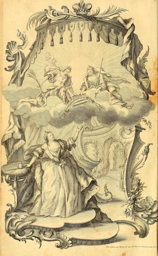 Image from the title page of the Russian Slavonic Bible ("Elizabethan Bible"), printed in St. Petersburg, in 1751. It shows Empress Elizabeth receiving a blessing to complete the church reform and Bible revision that was started by her monarch-parents Peter the Great and Catherine I. Peter and Catherine are in heaven showering their graces upon their daughter, Elizabeth.