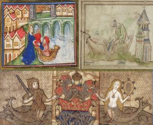 Image group of three items: 1) a Waterman rescuing a child from drowning in the Thames; 2) St. Peter and a fisherman drawing up a net containing two salmon, and then the fisherman carrying St Peter’s choice of fish to Bishop Mellitus; and 3) a picture of the Fishmonger's Company Funeral Pall, depicting their coat of arms in the center, a merman (in armor holding a sword), and a mermaid (holding a mirror).