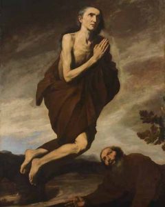 Image of painting by Jusepe de Ribera depicting St. Mary of Egypt floating during a moment of ecstasy. She holds her hands in a gesture of prayer and wears a brown robe. A man leans on the ground below her.