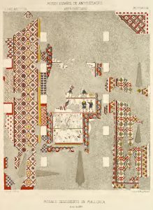 Drawing of a colorful mosaic floor with large sections of the drawing missing (where mosaic floor was missing) labeled "Manuel de Assas (1877): "Mosaico descubierto en Mallorca en 1833."