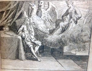 Black and white image of an engraving depicting the child-prince Sans Parangon seated at a table near a crown and princess Belle Gloire appearing in a magical cloud.
