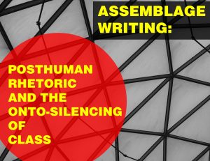 Flyer for Rob Wilkie’s seminar on posthuman rhetoric and class showing a black and white photo of a geometric pattern with red and black geometric shapes on top of the photo.