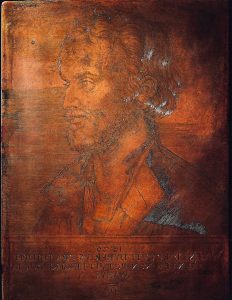 Color photograph of a copper plate etching by Albrecht Dürer depicting the bust portrait of Philip Melanchthon facing to the left.