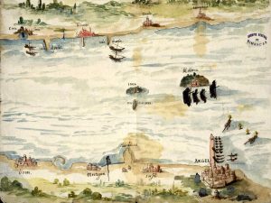 A watercolor "map" depicting the Spanish shore, islands, and the Mediterranean with the city of Algiers (“Argel”) shown at the lower right corner. The painting has a fascinating perspective -- as though the Mediterranean were merely a wide river. A purple national historical archives in Spain stamp is visible in the upper right corner.