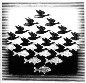 Image of a black & white M.C. Escher print: black background at the bottom grading to white background at the top. In the foreground are fish in white at the bottom transforming to birds in black at the top.