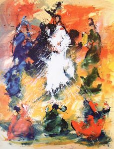 Multicolored painting in an impressionistic style with the suggestion of robed humans surrounding a possibly levitating human robed in white.
