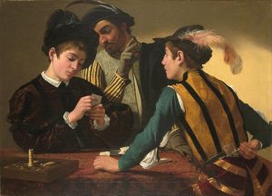 Image of the 1594 Caravaggio painting titled "The Cardsharps" showing three young men playing cards. the man in the forefront of the painting is reaching behind his back for cards in his belt.