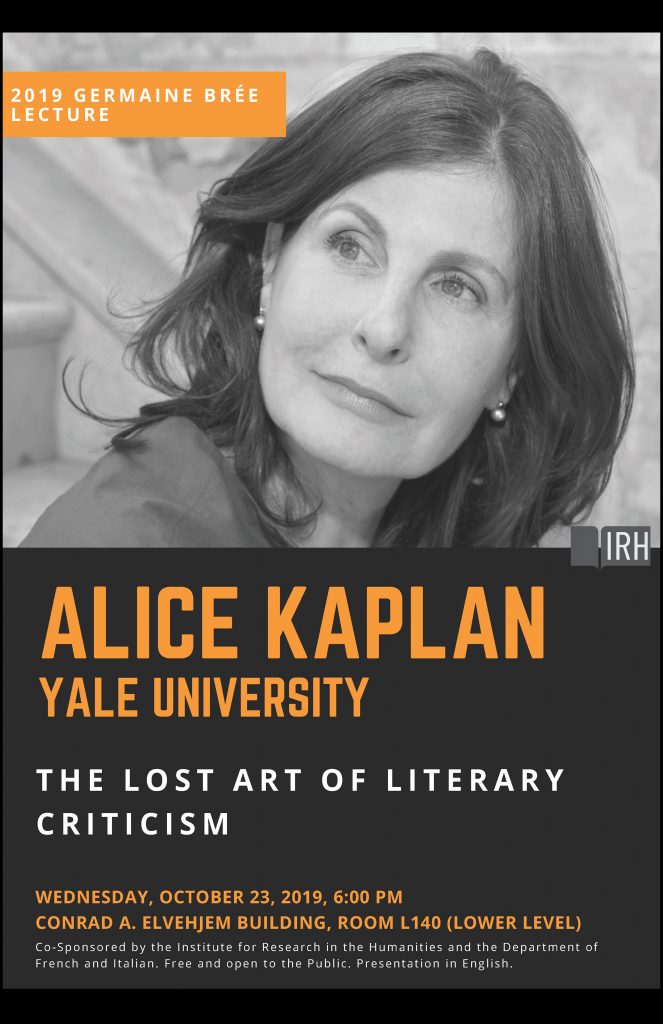 Poster for lecture with date and room details and black and white portrait of Alice Kaplan