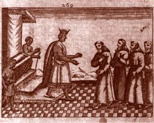 Image of a woodblock print depicting a king stepping down from a throne and gesturing towards 4 individuals in a line dressed as monks in robes with shorn hair.