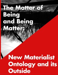 graphic for talk "The Matter of Being and Being Matter..." with title of talk superimposed on a upside-down black-and-white image of trees and a large red triangle