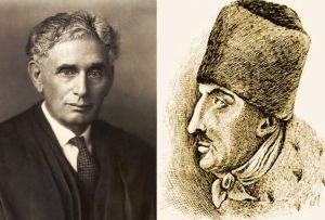 Dual image of two portraits: one a sepia-toned photo of a man in a suit and tie on the left and one an etching of a man wearing a cossack hat and scarf on the right
