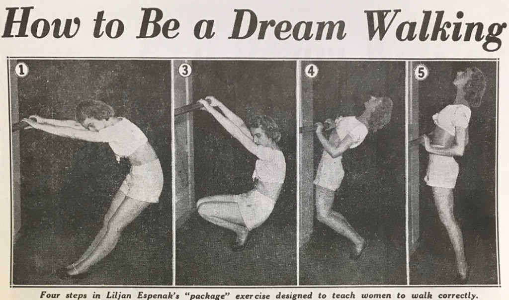 Black and White cropped image from a newspaper showing a woman in a leotard doing various stretching exercises with the aid of a ballet bar