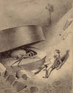 Image is pencil drawing of an octopus-like Martian crawling out of a disk and scaring a man in 19th century dress
