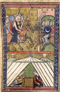 image of 13th century painted miniature depicting fighting knights on horses in the top section and two people playing chess within a tent in the bottom section.