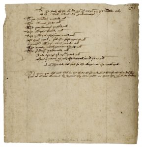 Image of a a handwritten manuscript verse libel bitterly satirizing Elizabethan corruption on parchment paper.