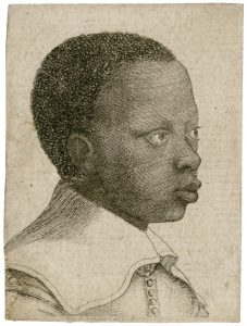 Closely-cropped etching/drawing portrait of a young black boy looking off to the right.