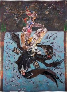 Image of a collage art piece depicting an anthropomorphic figure seated on sea-like creature with human eyes and mouth.
