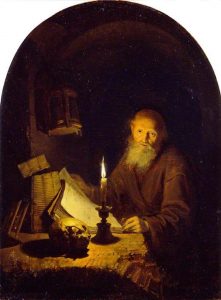 Image of a dark panel painting depicting an old man at a desk reading by lamp light
