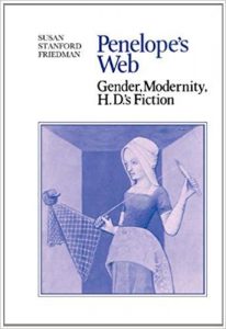 image of book cover for "Penelope's Web" showing a blue-toned image of Giovanni Boccaccio illustration of a woman weaving