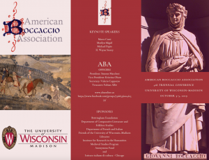 Poster for Boccaccio conference depicting a renaissance sculpture and painting with keynote speaker and sponsor listings